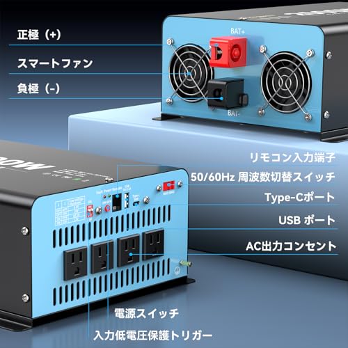ROARBATT インバーター 正弦波 2000W DC12VをAC100Vに変換 50Hz/60Hz切替可能 瞬間出力4000W LCD液晶リモコン付き 太陽光発電、地震停電、車載、船、RVキャンペーンカーに適用